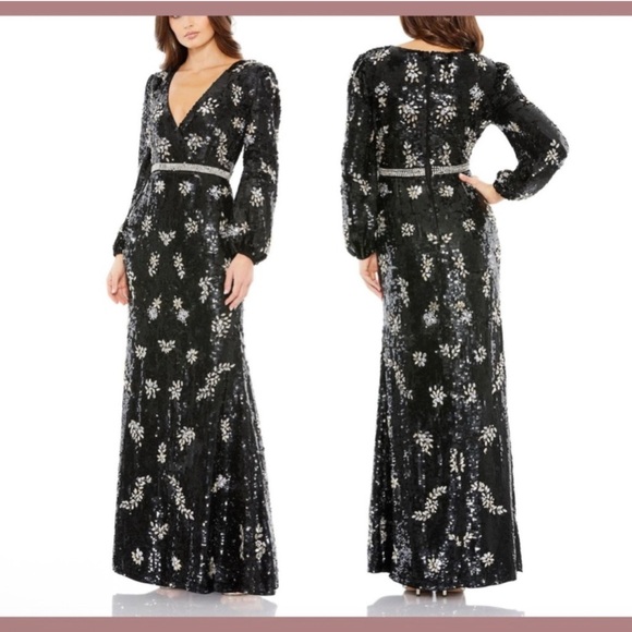 NWT $1598 Mac Duggal Embellished Wrap‎ Over Bishop Sleeve Gown Black Style 93616 - Picture 2 of 11